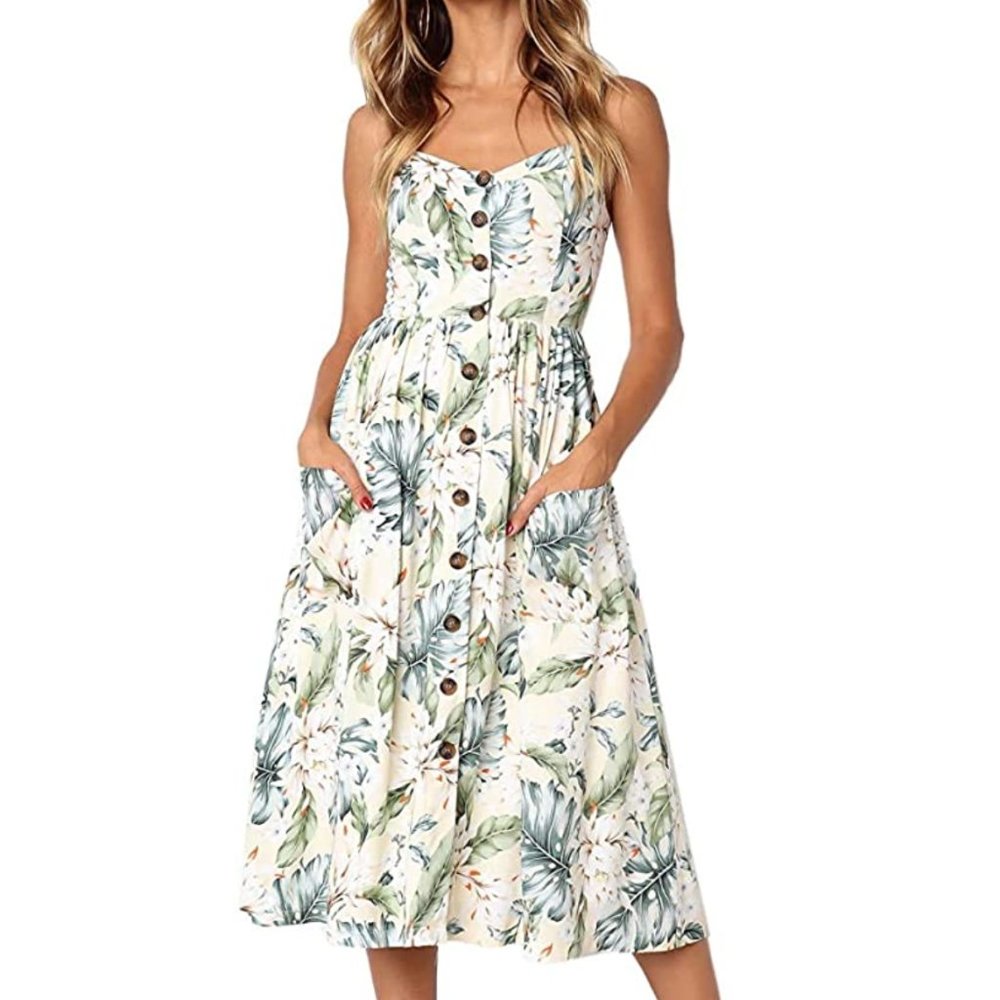 Green Leaves Floral Beach Midi Dress